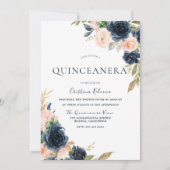 Invitation Blush & Navy Peach Flowers Quinceanera Party (Devant)