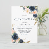 Invitation Blush & Navy Peach Flowers Quinceanera Party (Debout devant)