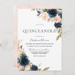 Invitation Blush & Navy Peach Flowers Quinceanera Party