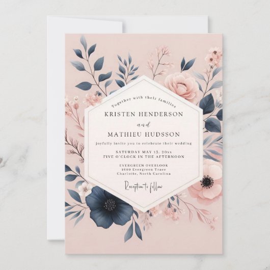Invitation Blush & Navy Poetic Bloom Wedding (Devant)