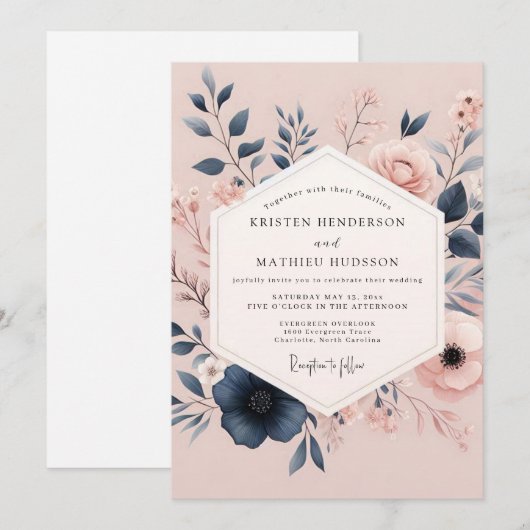 Invitation Blush & Navy Poetic Bloom Wedding (Devant / Derrière)