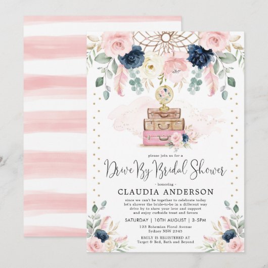 Invitation Blush Navy Voyage En Bohême Par Fête de l'mariée (Devant / Derrière)