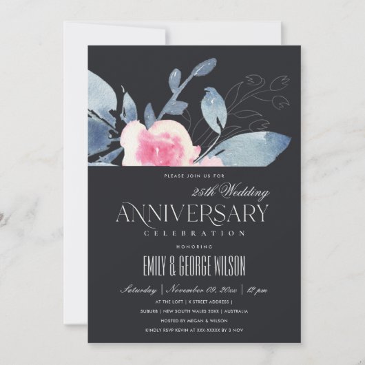 Invitation BLUSH NOIR FLEUR BLEUE 25ème ANNIVERSAIRE TOUTE AN (Devant)
