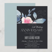Invitation BLUSH NOIR FLEUR BLEUE 25ème ANNIVERSAIRE TOUTE AN (Devant / Derrière)
