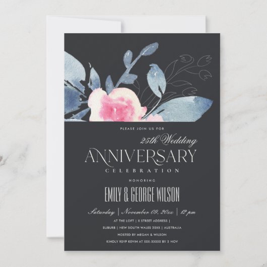 Invitation BLUSH NOIR FLEURS BLEUES 25e ANNIVERSAIRE TOUTE AN (Devant)