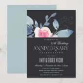 Invitation BLUSH NOIR FLEURS BLEUES 25e ANNIVERSAIRE TOUTE AN (Devant / Derrière)