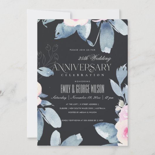 Invitation BLUSH NOIR FLEURS BLEUES 25e ANNIVERSAIRE TOUTE AN (Devant)