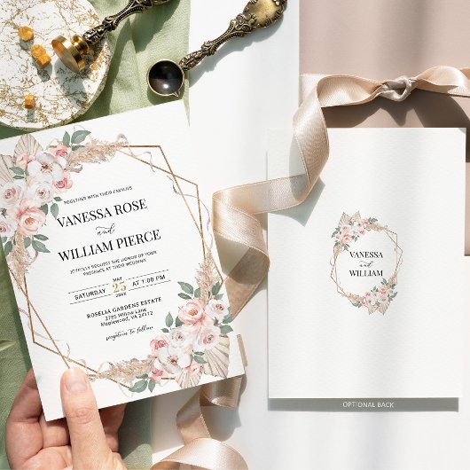 Invitation Blush Pampas Grass Boho Mariage Or Géométrique