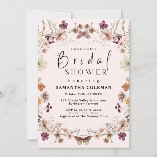 Invitation Blush Pastel Fleur sauvage Fête des mariées Boho m (Devant)