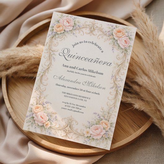 Invitation Blush Peach Baroque Quinceañera