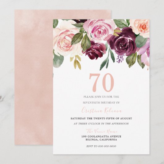 Invitation Blush Peach & Burgundy Flowers 70e anniversaire (Devant / Derrière)