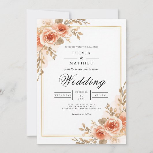 Invitation Blush Peach Floral Frame Wedding (Devant)