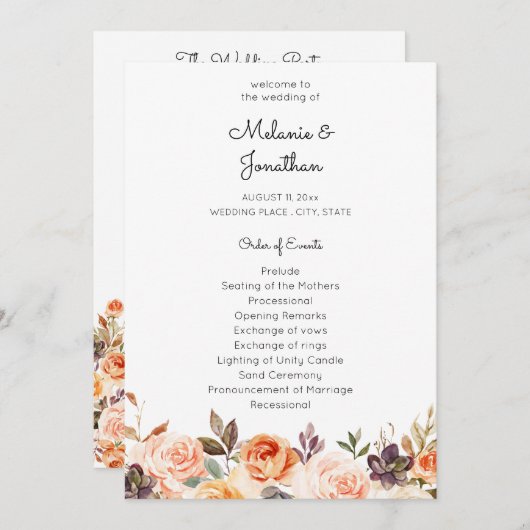 Invitation Blush & Peach Floral Mariage Ceremony Program (Devant / Derrière)