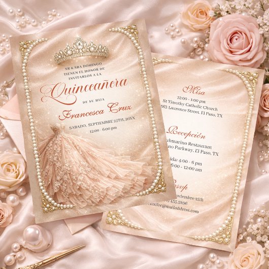 Invitation Blush & Pearl Royal Tiara Spanish quinceanera  