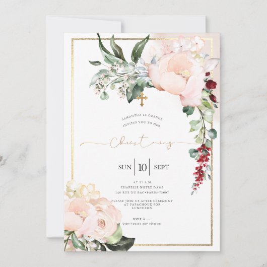 Invitation Blush Peonies Aquarelle Flowers Christening (Devant)