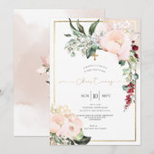 Invitation Blush Peonies Aquarelle Flowers Christening (Devant / Derrière)