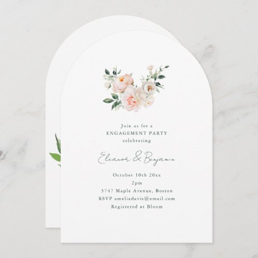 Invitation Blush Peony Floral Arch Minimal Engagement Party (Devant / Derrière)