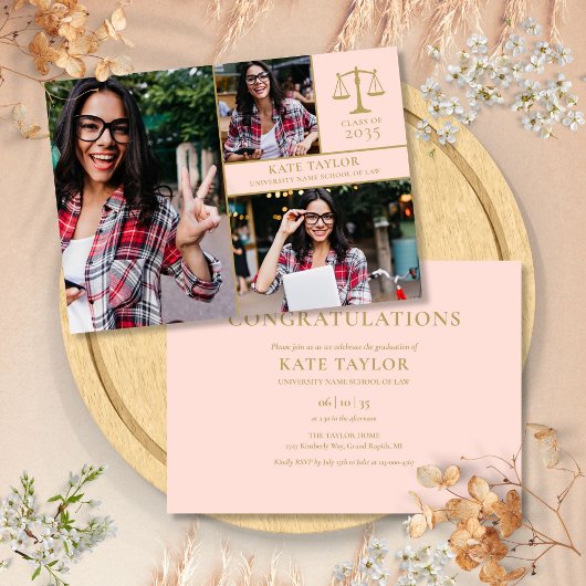 Invitation Blush Pink 3 Photo Law School Graduation Party
