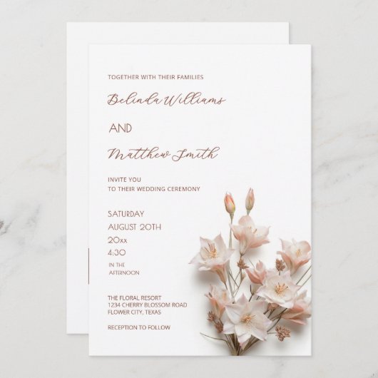 Invitation Blush Pink 3D Flowers | QR Code (Devant / Derrière)