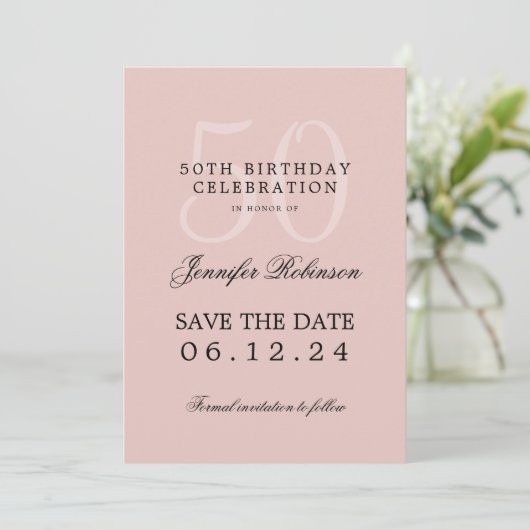 Invitation Blush Pink 50th Birthday Save Date avec détails (Debout devant)