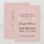 Invitation Blush Pink 50th Birthday Save Date avec détails (Devant / Derrière)