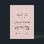 Invitation Blush Pink 60th Birthday Save Date Détails<br><div class="desc">Design élégant "60th Birthday Party" avec un script de typographie formel,  nom personnalisé et texte de détails. Facile à utiliser et facile à personnaliser. Commandez aujourd'hui !</div>