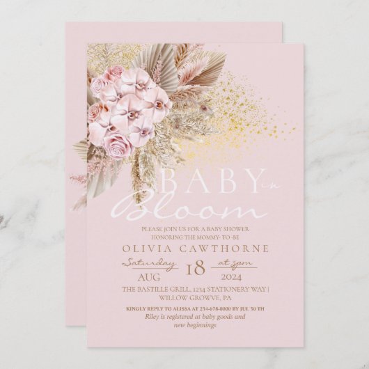 Invitation Blush Pink and Gold Baby in Bloom Baby Shower (Devant / Derrière)