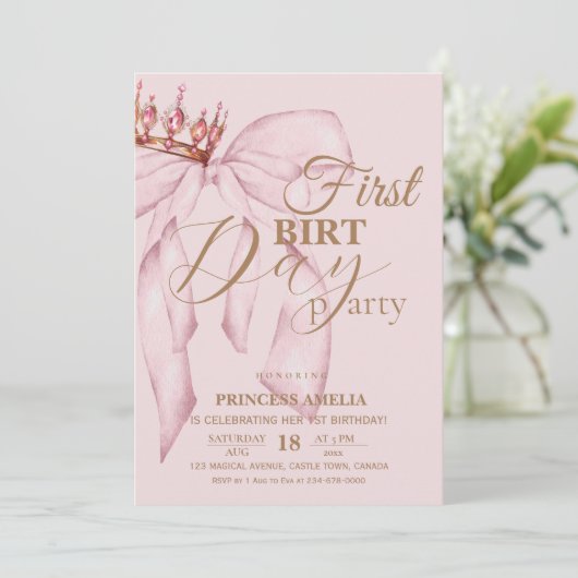 Invitation Blush Pink and Gold Bow First Birthday Party (Debout devant)