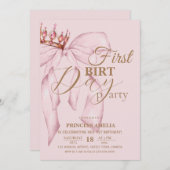 Invitation Blush Pink and Gold Bow First Birthday Party (Devant / Derrière)