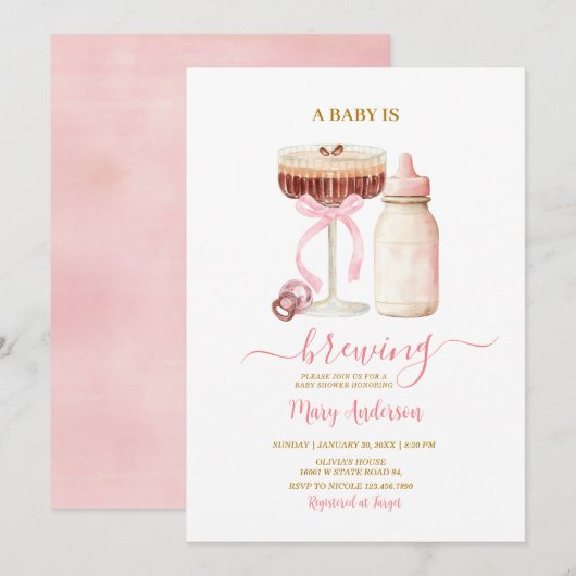 Invitation Blush Pink Baby Is Brewing Milk Bottle Baby Shower (Devant / Derrière)