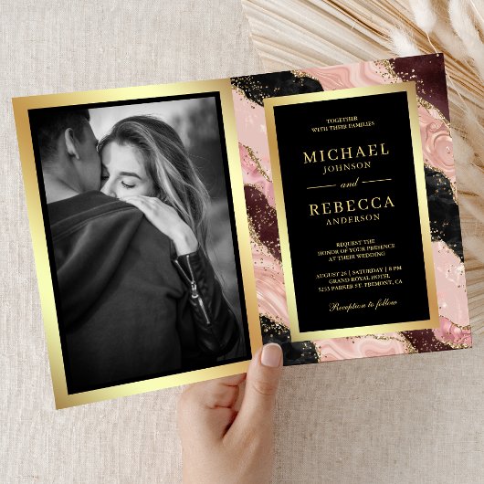 Invitation Blush Pink Black Gold Agate Marble QR Code Wedding