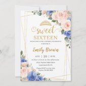 Invitation Blush Pink Blue Floral Sweet 16 Seize anniversaire (Devant)