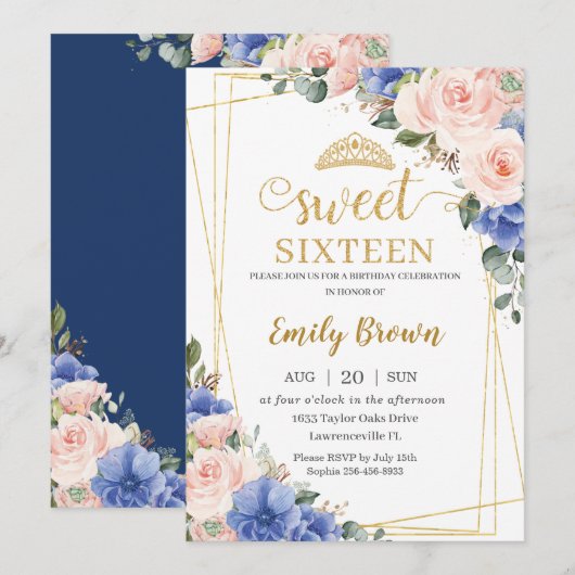 Invitation Blush Pink Blue Floral Sweet 16 Seize anniversaire (Devant / Derrière)
