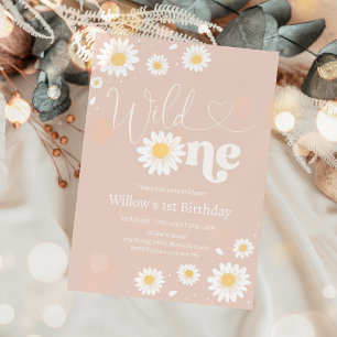 Invitation Blush Pink Boho Daisy Wild One fête d'anniversaire