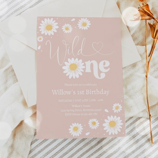 Invitation Blush Pink Boho Daisy Wild One fête d'anniversaire