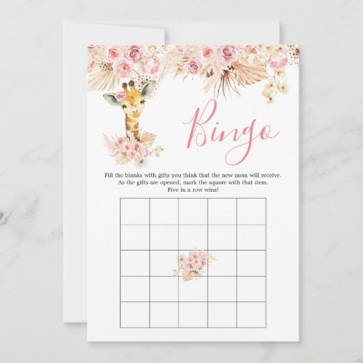 Invitation Blush Pink Boho Giraffe Baby shower Bingo Jeu (Devant)