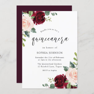 Invitation Blush Pink Bourgogne Rouge Floral Quinceanera Part