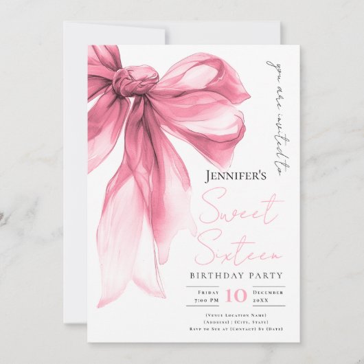 Invitation Blush Pink Bow Coquette Script Sweet 16 Party  (Devant)