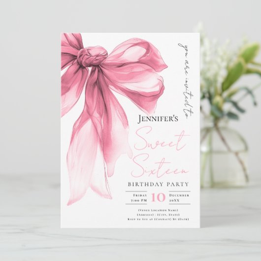 Invitation Blush Pink Bow Coquette Script Sweet 16 Party  (Debout devant)