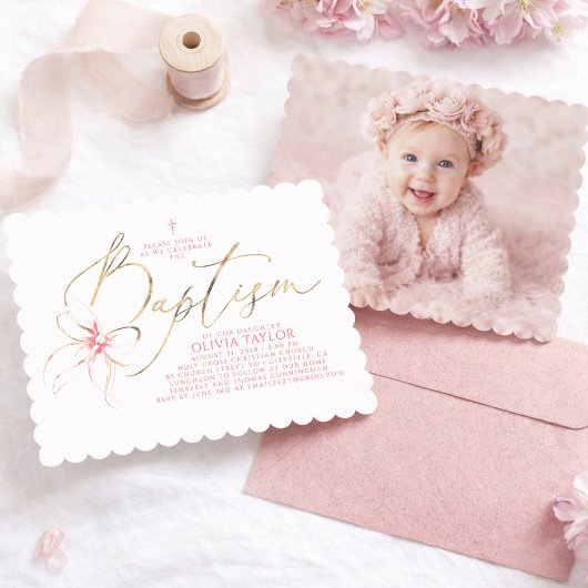 Invitation Blush Pink Bow Elegant Girl Baptism PHOTO