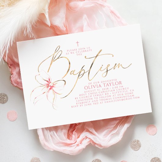 Invitation Blush Pink Bow Elegant Minimalist Girl Baptism