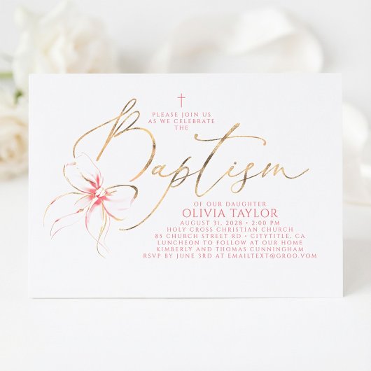 Invitation Blush Pink Bow Elegant Minimalist Girl Baptism