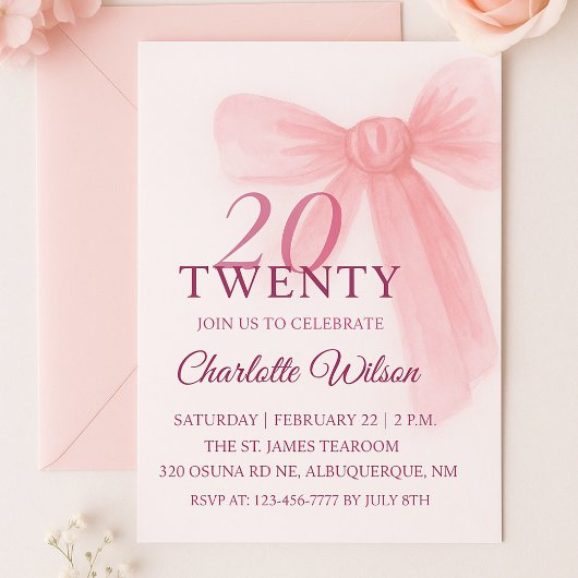 Invitation Blush Pink Bow Elegant Twenty 20th Birthday