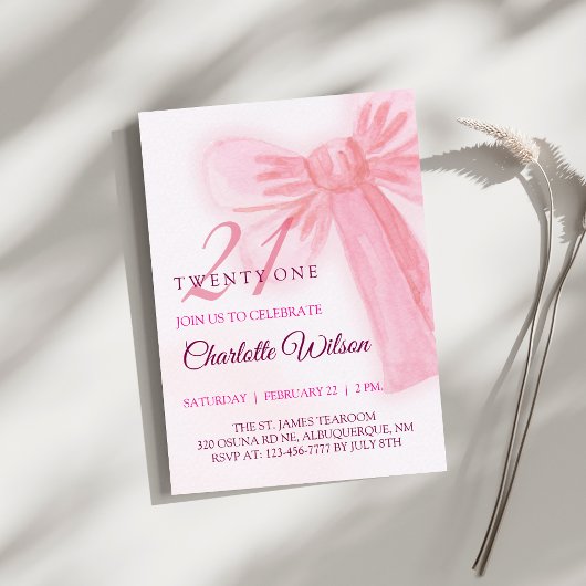 Invitation Blush Pink Bow Elegant Twenty-One Birthday