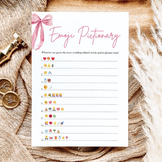Invitation Blush Pink Bow Fête des mariées Emoji Pictionary J