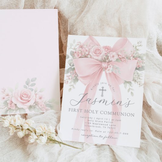 Invitation Blush Pink Bow Floral First Holy Communion