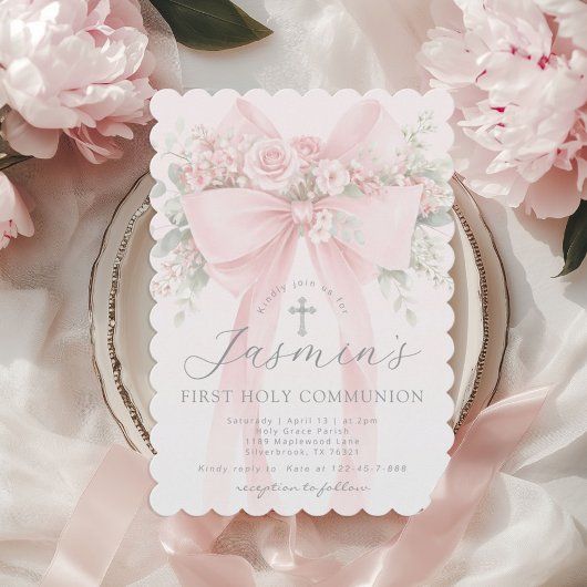 Invitation Blush Pink Bow Floral First Holy Communion