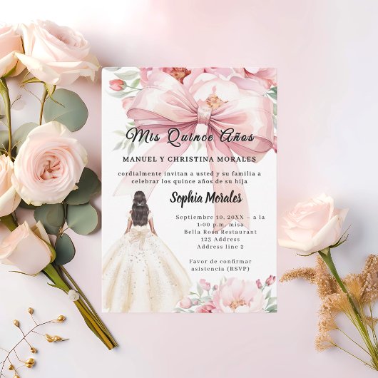 Invitation Blush pink bow florals dress Quinceanera