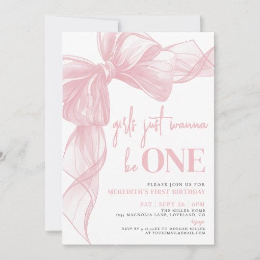 Invitation Blush Pink Bow Girls Just Wanna Be ONE Birthday (Devant)