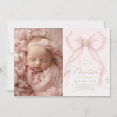 Invitation Blush Pink Bow Pearls Gold Cross photo Baptism (Devant)